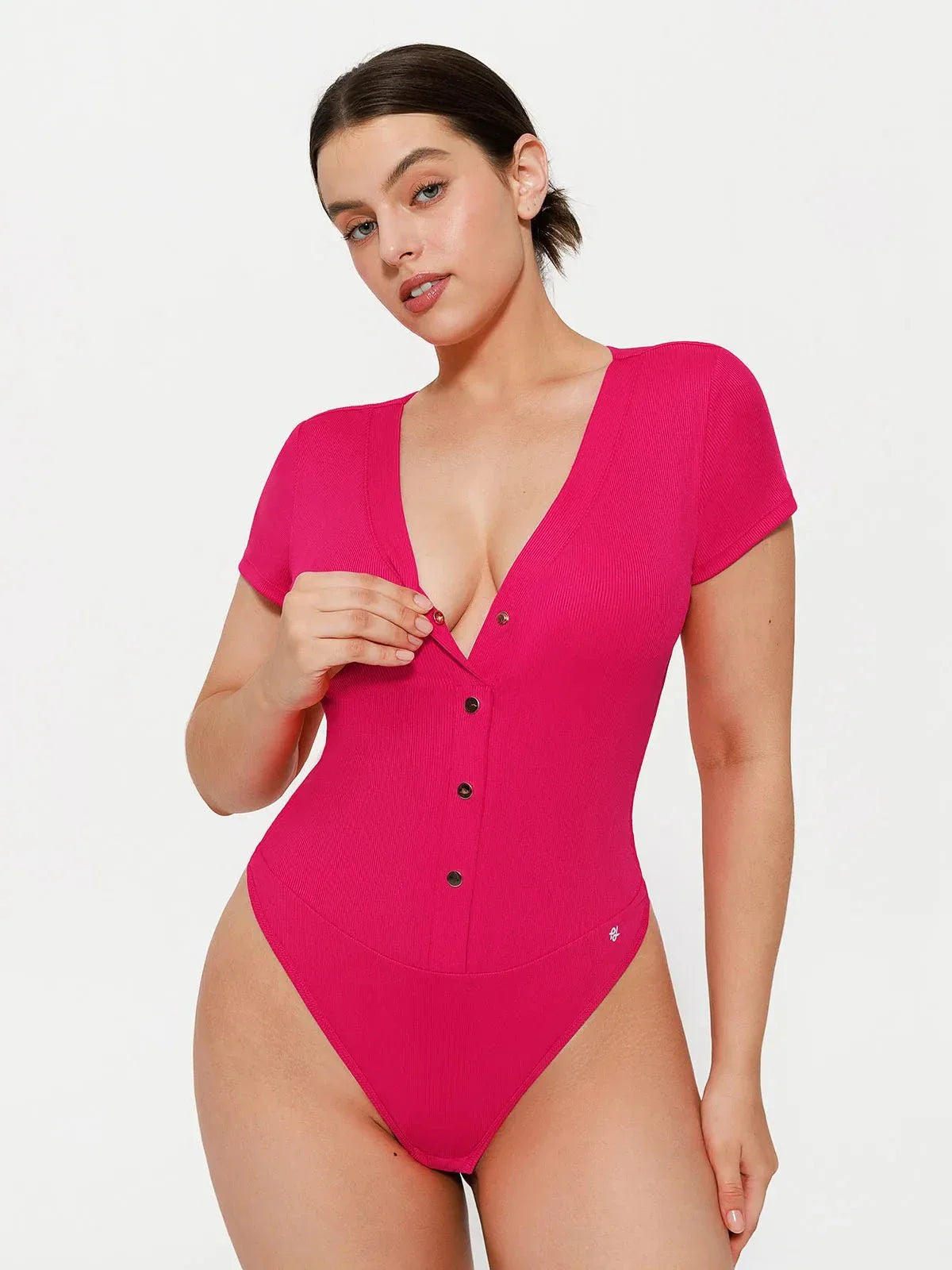 Body sculptant à décolleté en V profond et boutons à l'avant