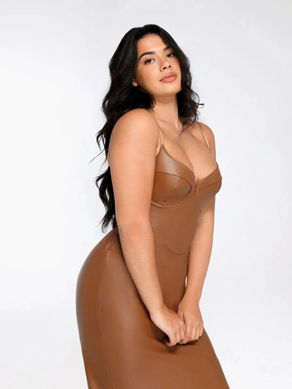 Robe Midi Corset en Similicuir à Taille Sablier