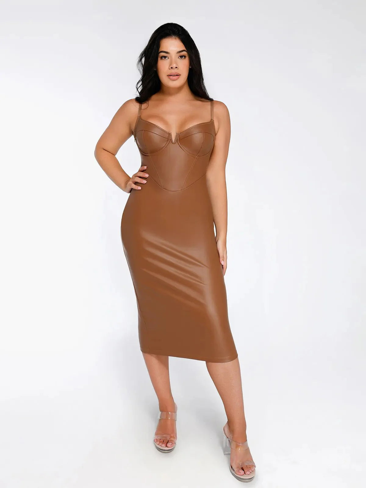 Robe Midi Corset en Similicuir à Taille Sablier
