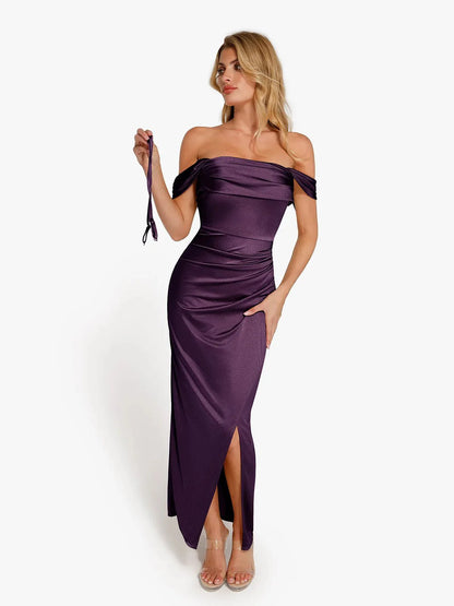 Robe Maxi Sculptante Froncée en Shapewear à Épaules Dégagées