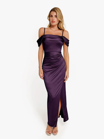 Robe Maxi Sculptante Froncée en Shapewear à Épaules Dégagées