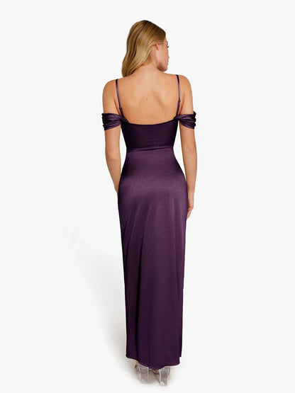 Robe Maxi Sculptante Froncée en Shapewear à Épaules Dégagées