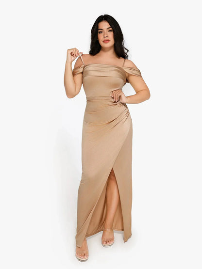 Robe Maxi Sculptante Froncée en Shapewear à Épaules Dégagées