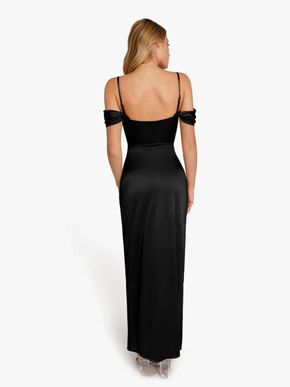 Robe Maxi Sculptante Froncée en Shapewear à Épaules Dégagées