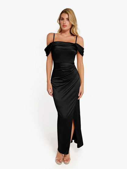 Robe Maxi Sculptante Froncée en Shapewear à Épaules Dégagées