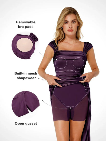Robe Maxi Sculptante Froncée en Shapewear à Épaules Dégagées