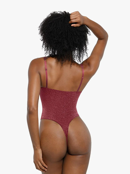 Body Sculptant à Col Carré en Tricot Métallisé Froncé