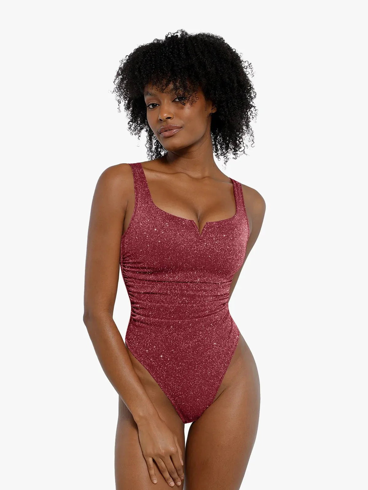 Body Sculptant à Col Carré en Tricot Métallisé Froncé