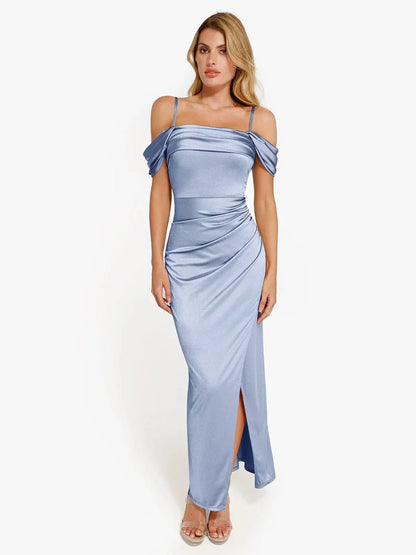 Robe Maxi Sculptante Froncée en Shapewear à Épaules Dégagées