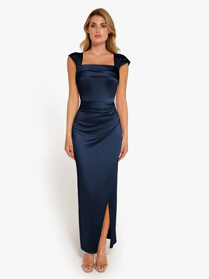 Robe Maxi Sculptante Froncée en Shapewear à Épaules Dégagées