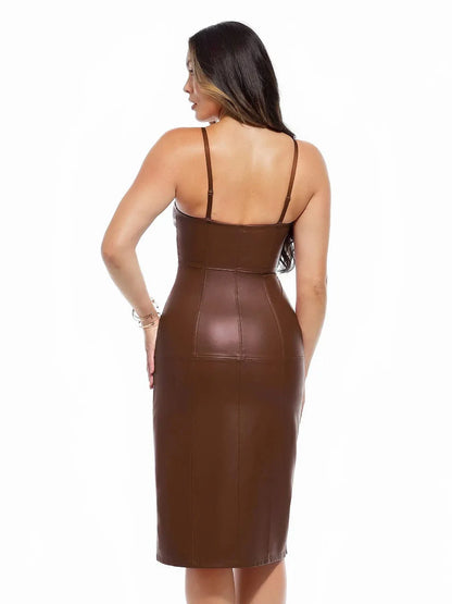 Robe Sculptante en Similicuir à Porté Double