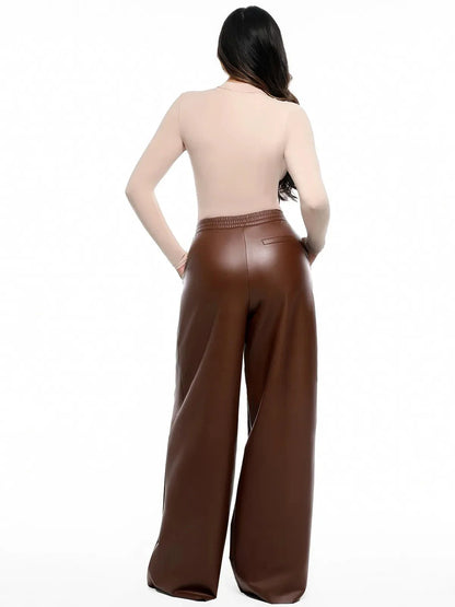 Pantalon large taille haute en simili cuir