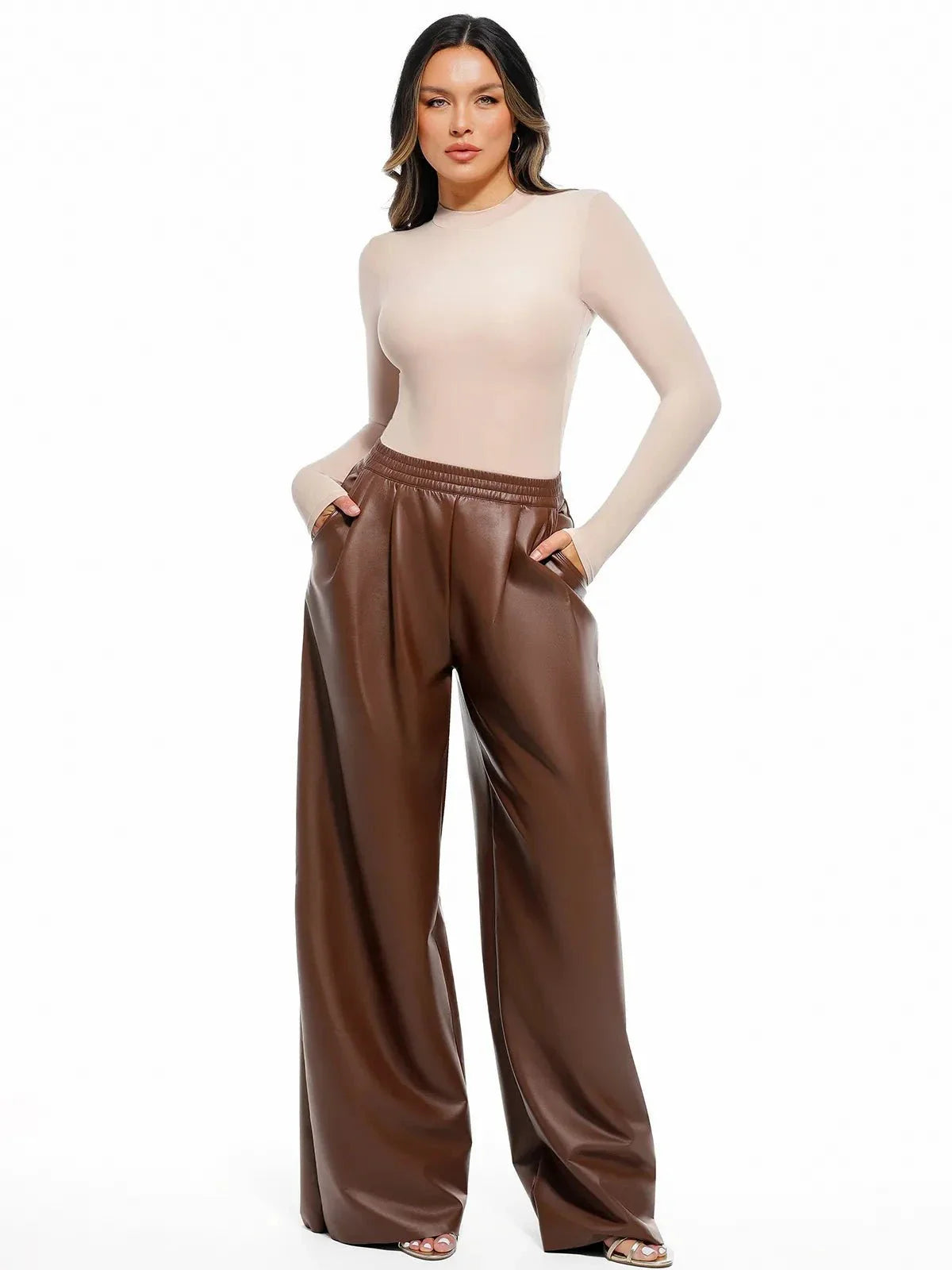 Pantalon large taille haute en simili cuir