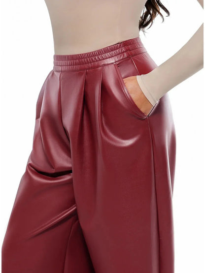Pantalon large taille haute en simili cuir