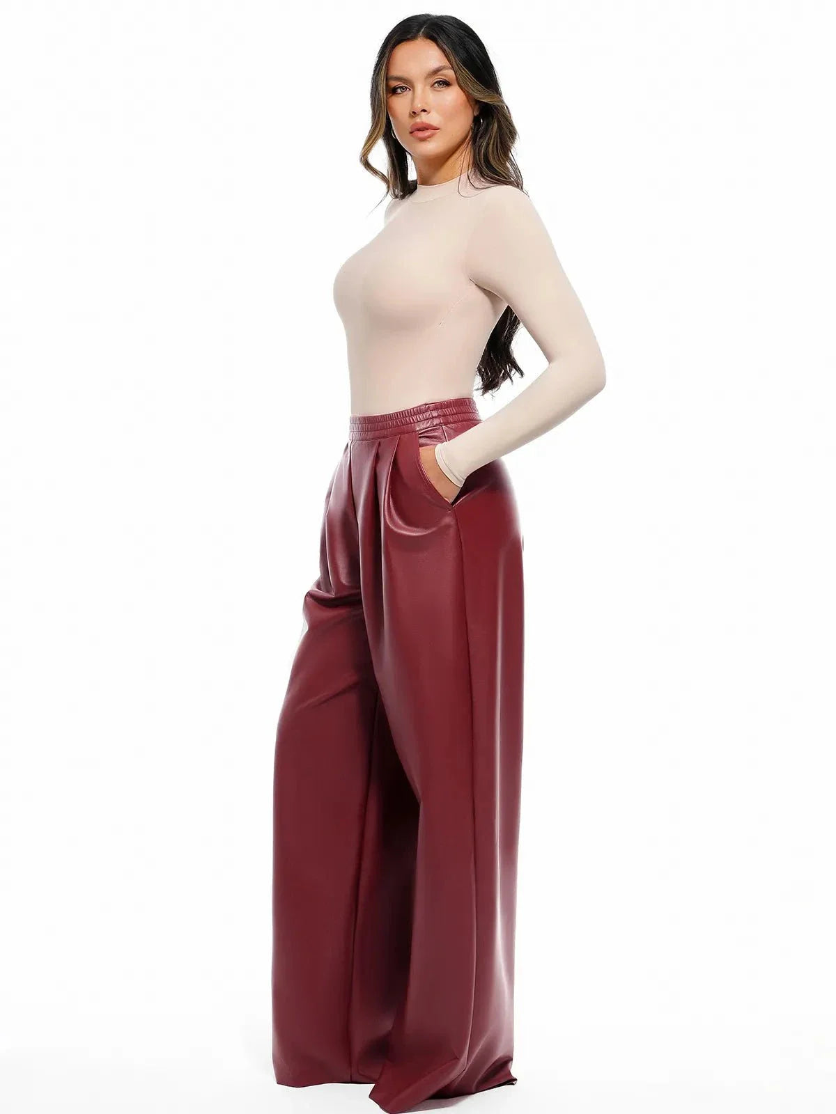 Pantalon large taille haute en simili cuir