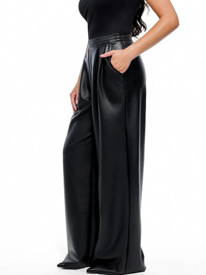 Pantalon large taille haute en simili cuir