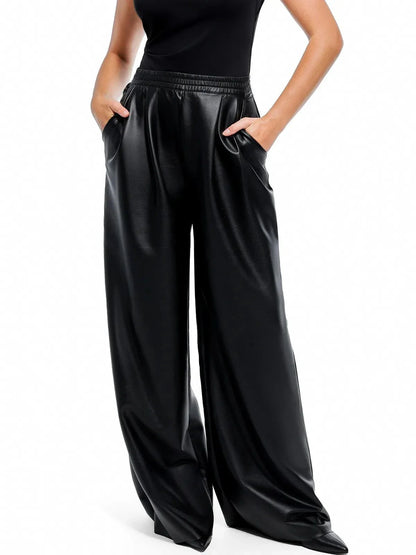 Pantalons larges taille haute en simili cuir