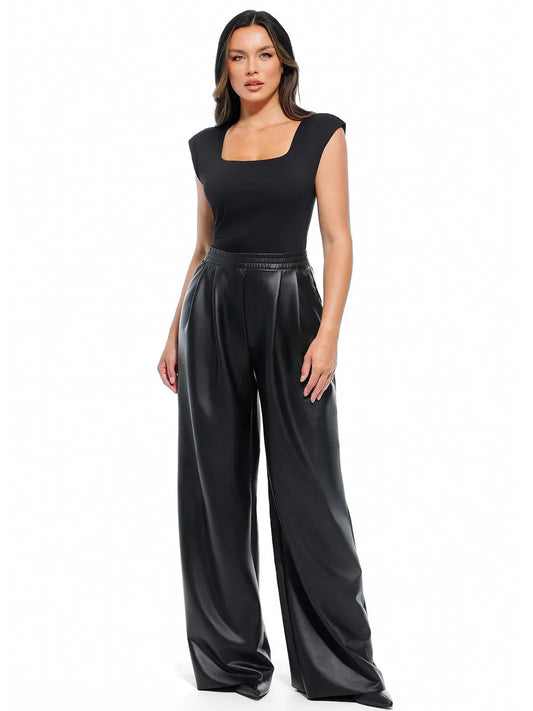 Pantalon large taille haute en simili cuir