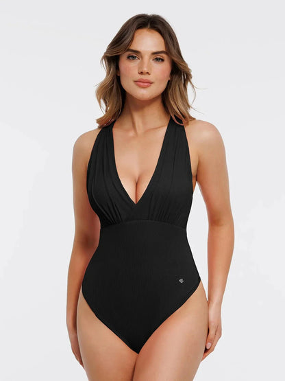 Body de contrôle du ventre drapé à col halter croisé
