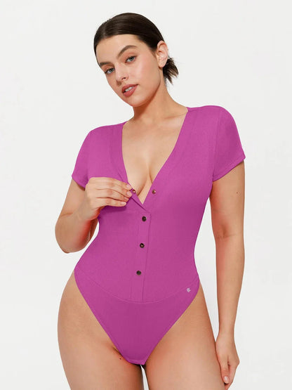 Body sculptant à décolleté en V profond et boutons à l'avant