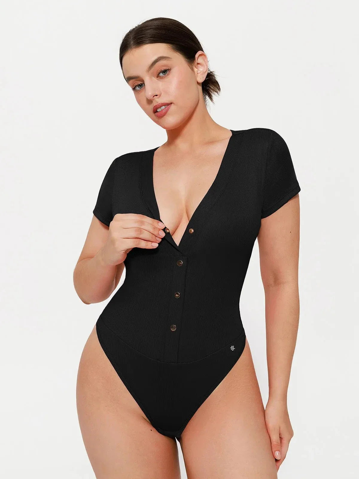 Body sculptant à décolleté en V profond et boutons à l'avant