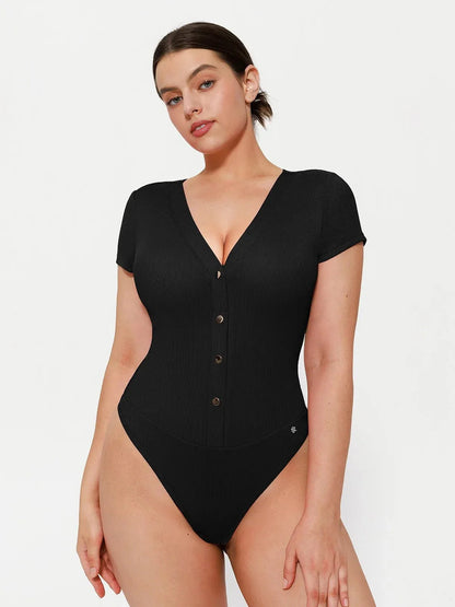 Body sculptant à décolleté en V profond et boutons à l'avant