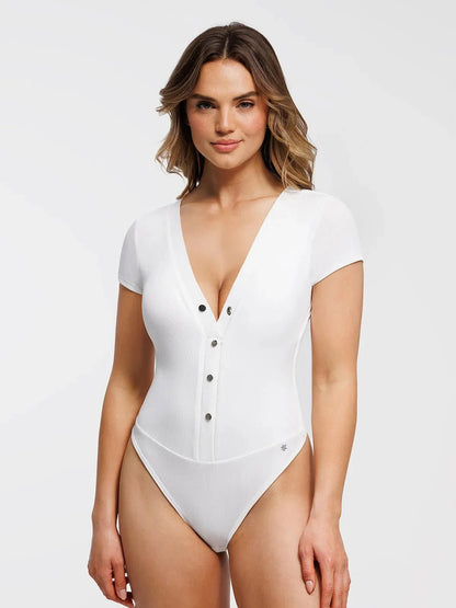 Body sculptant à décolleté en V profond et boutons à l'avant