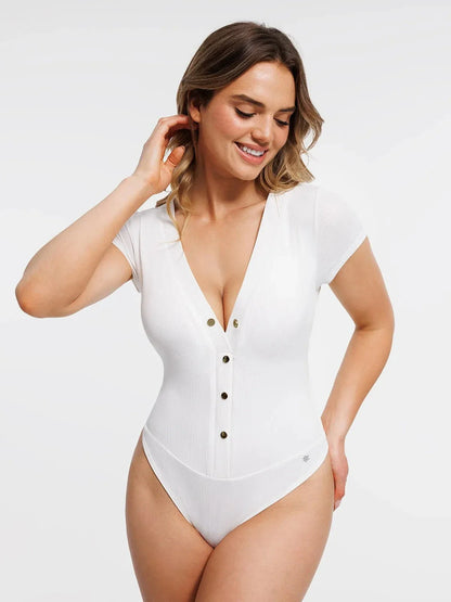 Body sculptant à décolleté en V profond et boutons à l'avant