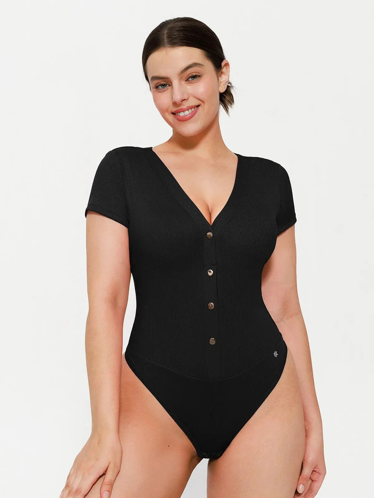 Body Sculptant à Encolure Profonde en V avec Boutons