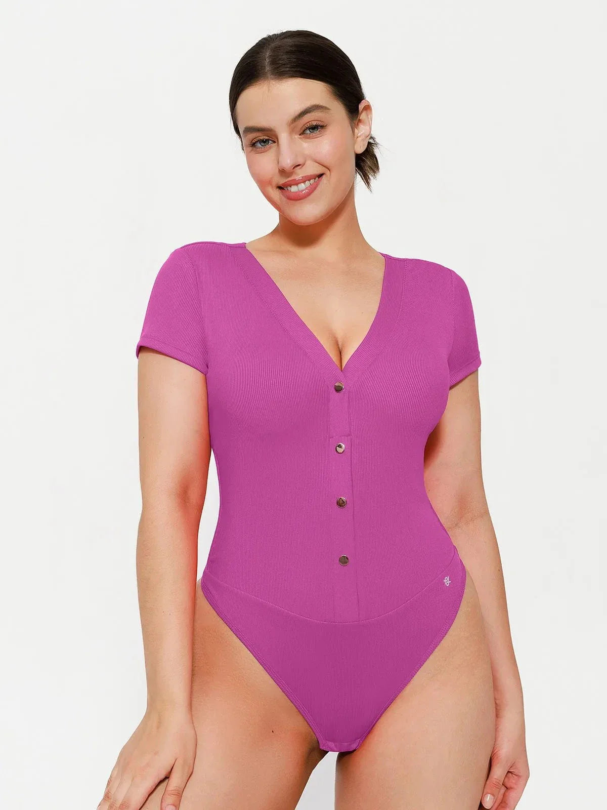 Body sculptant à décolleté en V profond et boutons à l'avant