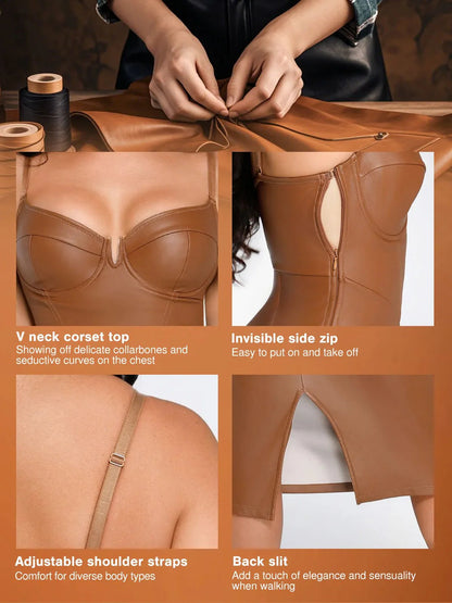 Robe Midi Corset en Similicuir à Taille Sablier