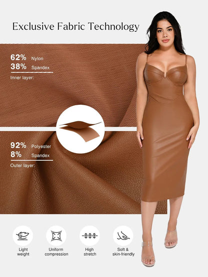 Robe Midi Corset en Similicuir à Taille Sablier