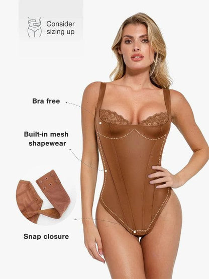 Body Sculptant Balconnet en Simili Cuir et Dentelle