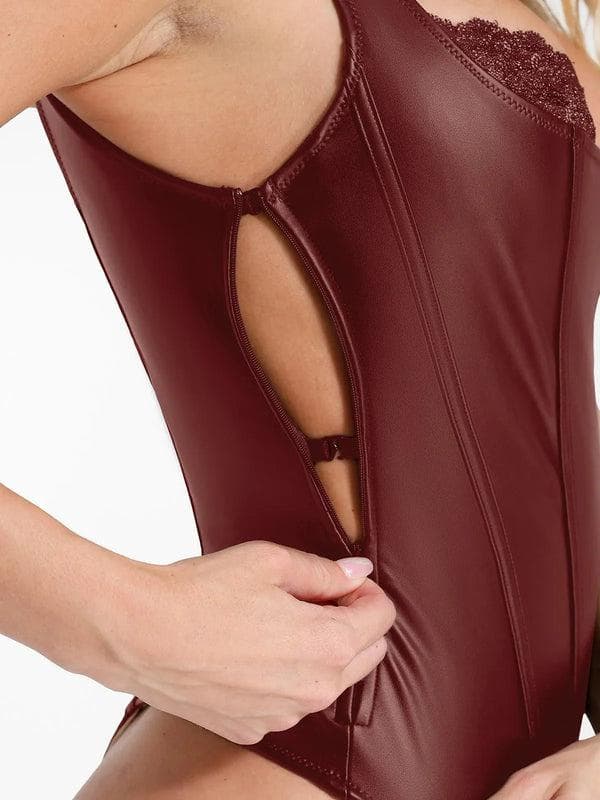 Body sculptant en simili cuir et dentelle balconnet