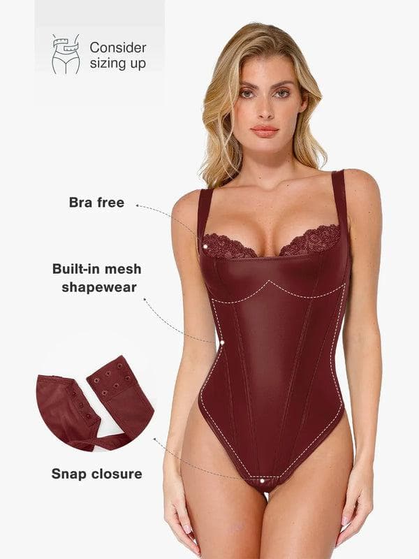 Body Sculptant Balconnet en Simili Cuir et Dentelle