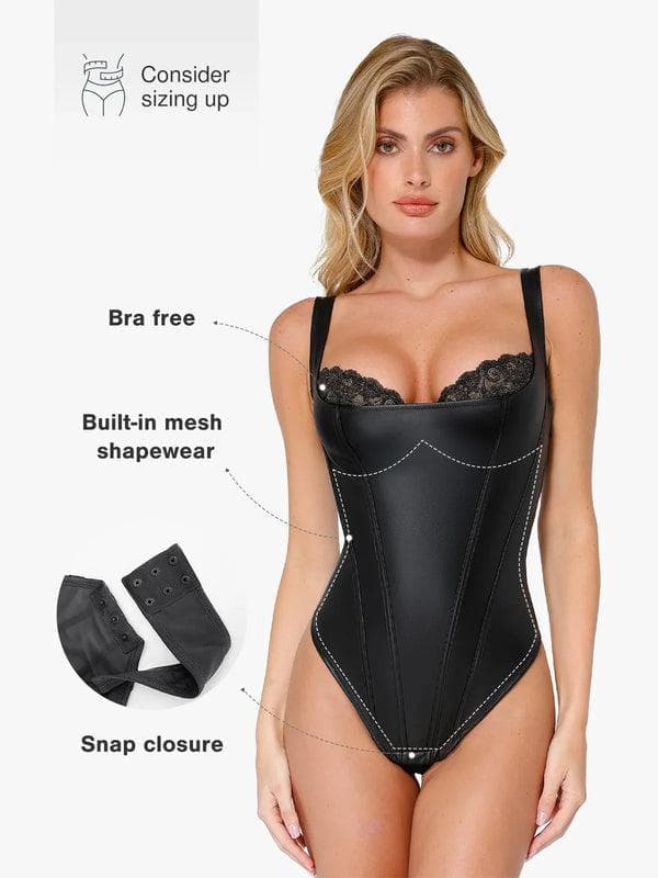 Body sculptant en simili cuir et dentelle balconnet