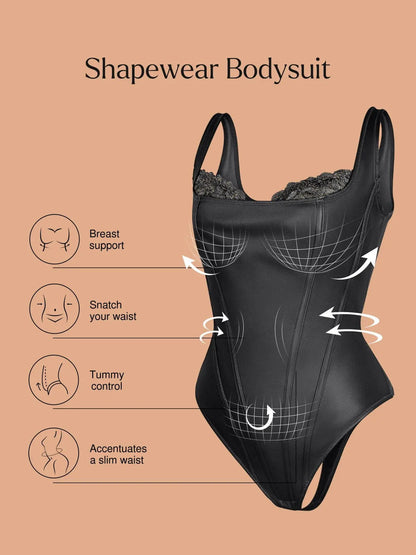 Body Sculptant Balconnet en Simili Cuir et Dentelle