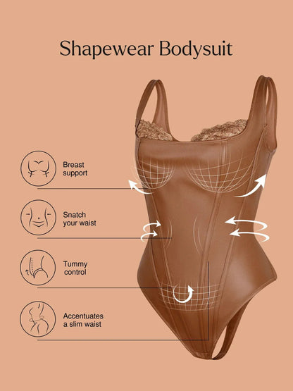 Body Sculptant Balconnet en Simili Cuir et Dentelle
