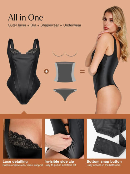Body Sculptant Balconnet en Simili Cuir et Dentelle