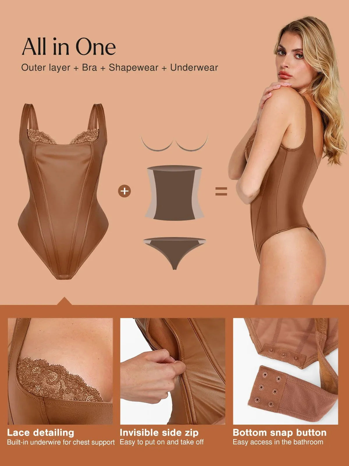 Body Sculptant Balconnet en Simili Cuir et Dentelle