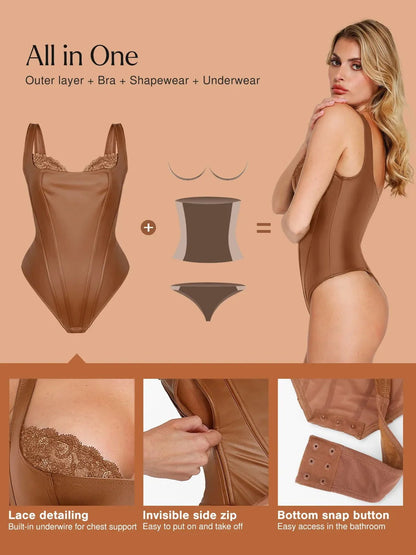 Body Sculptant Balconnet en Simili Cuir et Dentelle