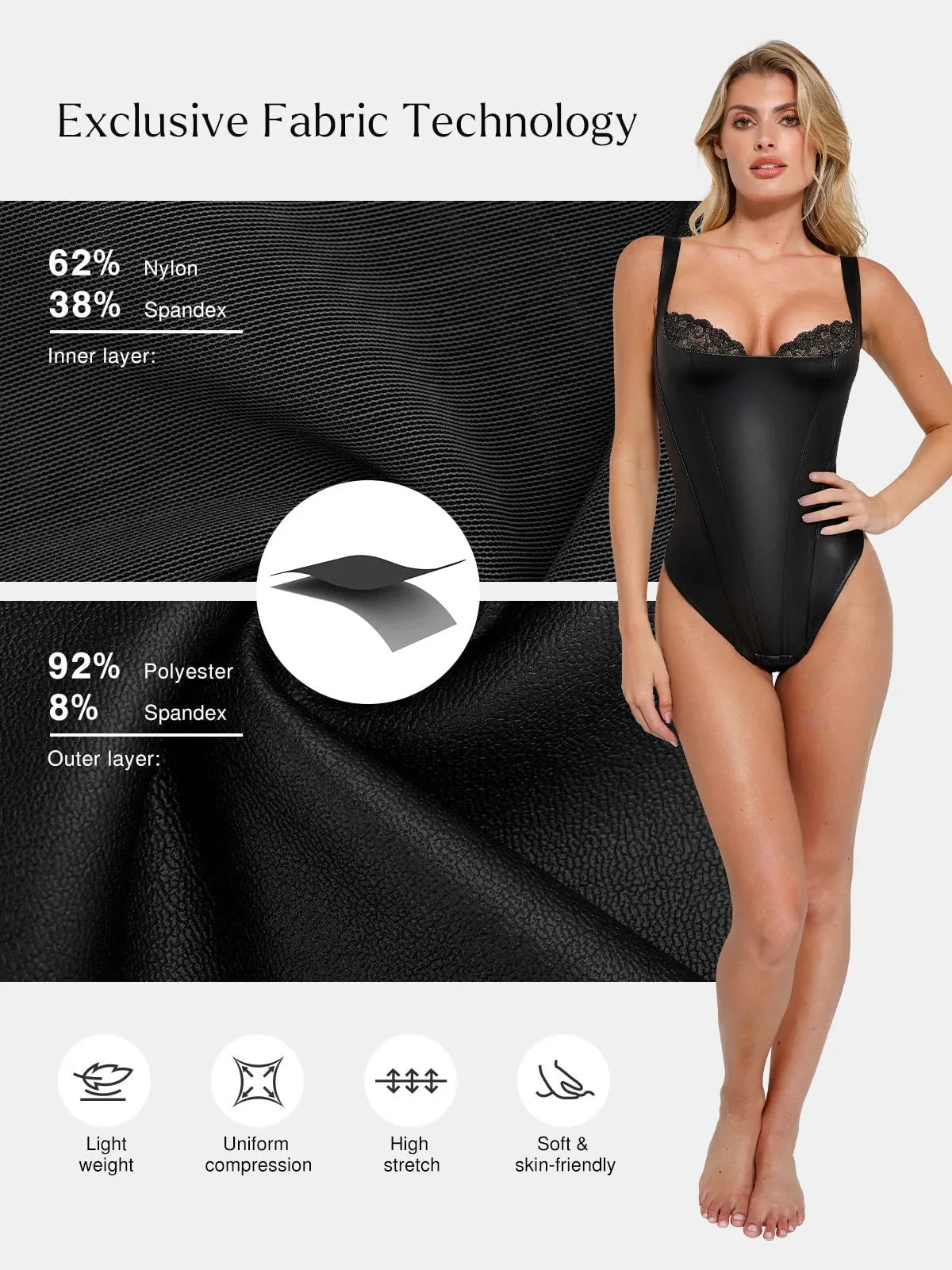 Body Sculptant en Similicuir et Dentelle Balconnet