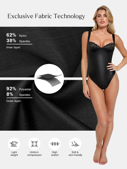 Body Sculptant en Similicuir et Dentelle Balconnet