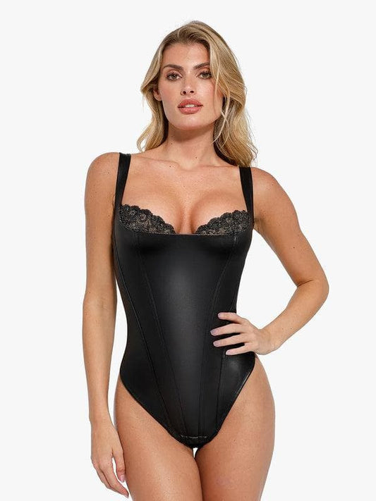 Body Sculptant Balconnet en Simili Cuir et Dentelle