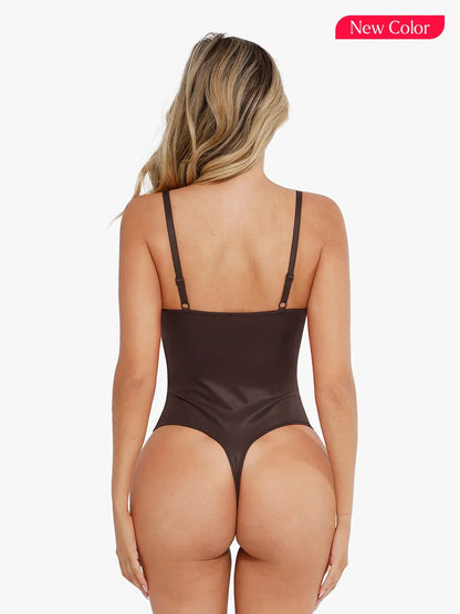 Body sculptant en simili cuir avec décolleté plongeant en V