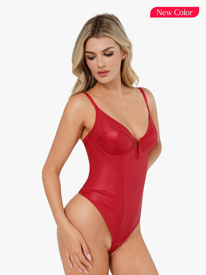 Body sculptant en simili cuir avec décolleté plongeant en V