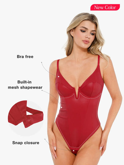 Body sculptant en simili cuir avec décolleté plongeant en V