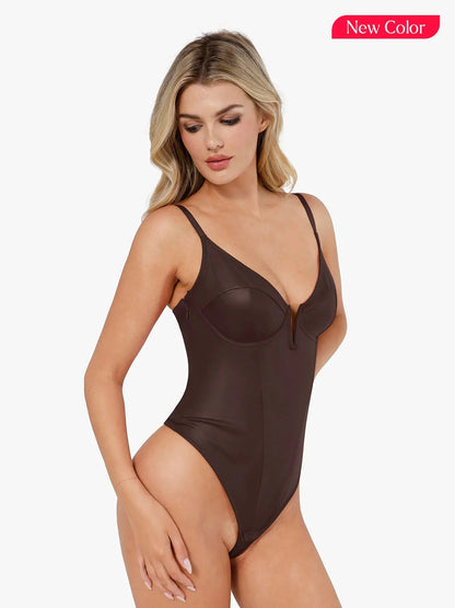 Body sculptant en simili cuir avec décolleté plongeant en V