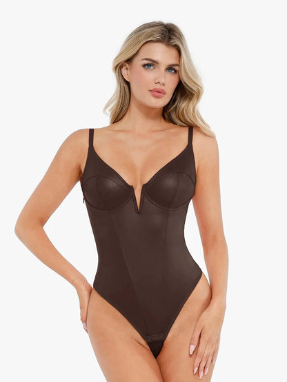 Body sculptant en simili cuir avec décolleté plongeant en V