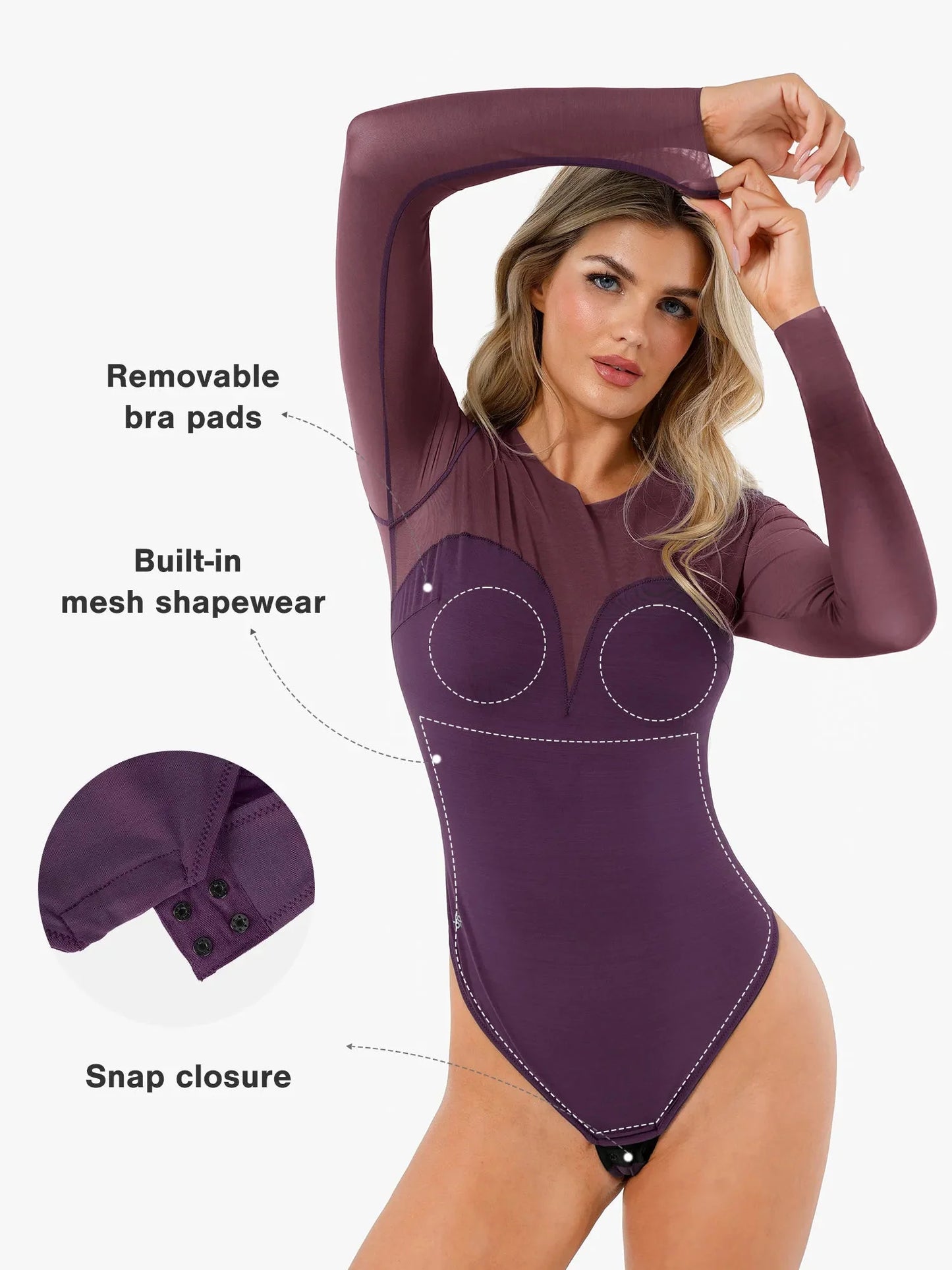 Body de Contrôle de Ventre en Maille Illusion à Manches Longues